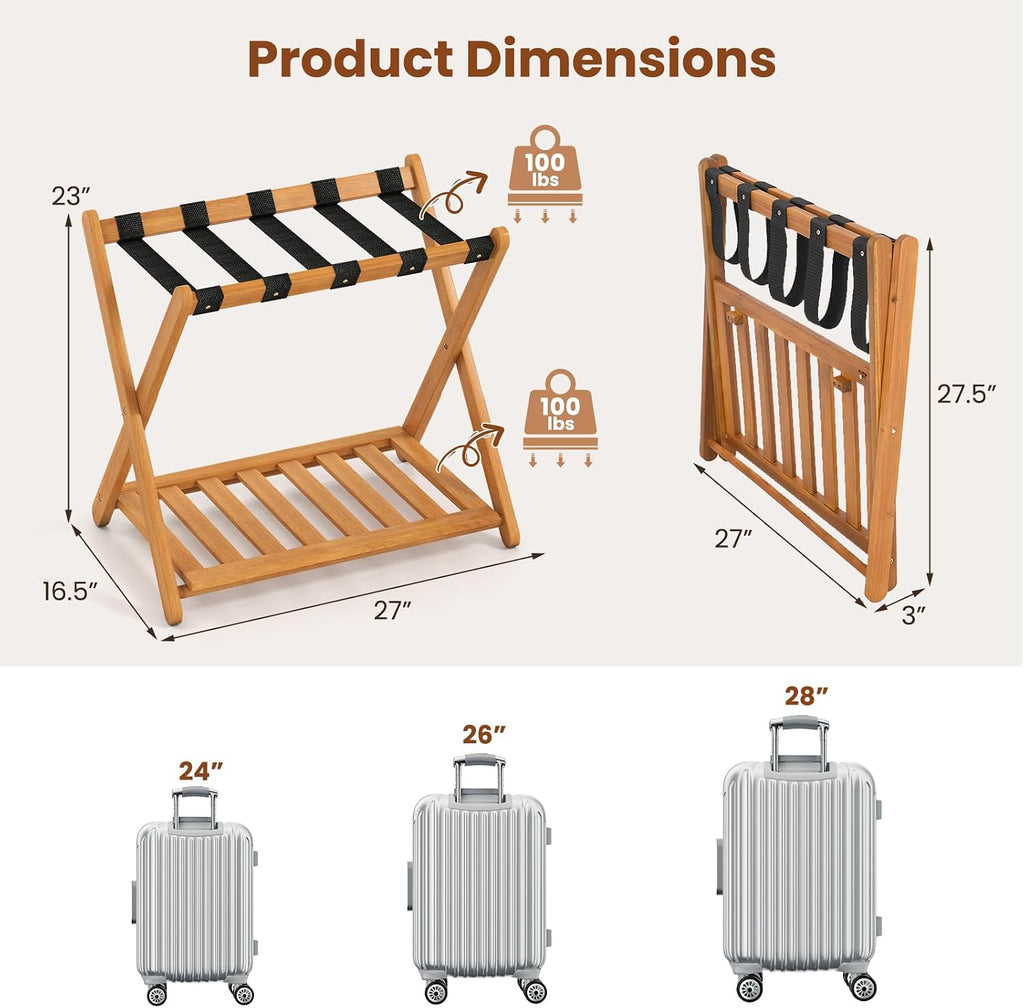 Goplus Luggage Rack for Guest Room Set of 2, Folding Suitcase Stand with Storage Shelf, Acacia Wood Frame & 5 Nylon Straps, Fully Assembled 27" Luggage Stand for Bedroom, Hotel, Holds up to 200 LBS