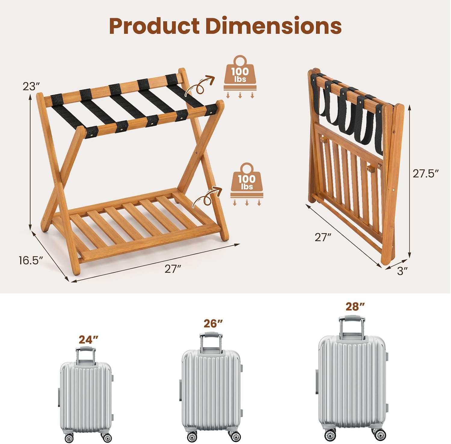 Goplus Luggage Rack for Guest Room Set of 2, Folding Suitcase Stand with Storage Shelf, Acacia Wood Frame & 5 Nylon Straps, Fully Assembled 27" Luggage Stand for Bedroom, Hotel, Holds up to 200 LBS