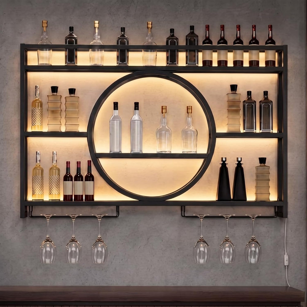 Marsui 39.4" Wall Mounted Wine Rack with LED, 3-Tier Bar Shelf, Circular...