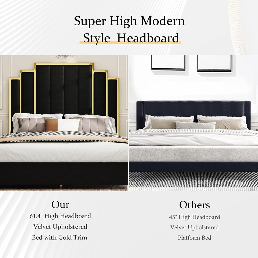 Albott Queen Size Platform Bed Frame, 61.4" Velvet Upholstered Bed with ...