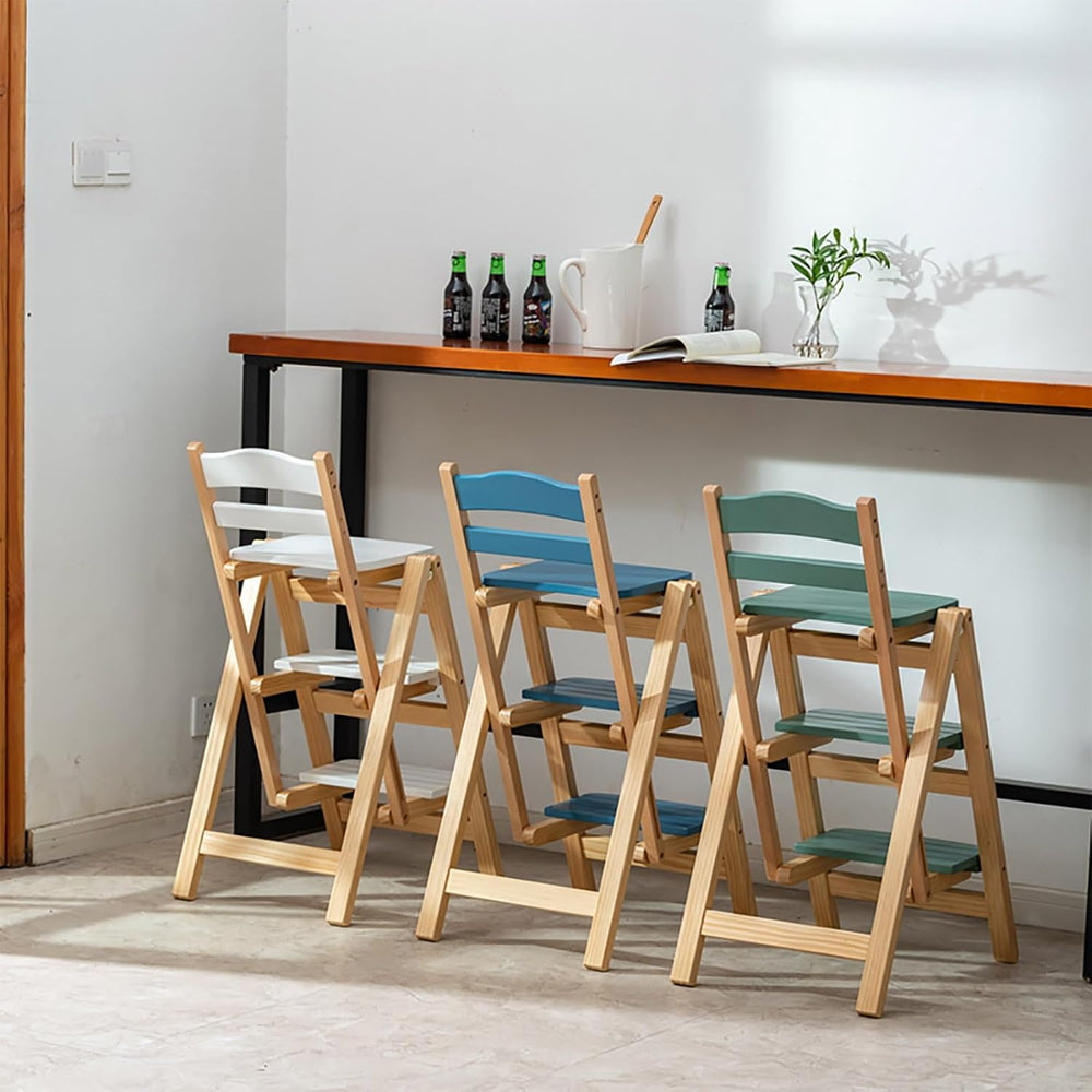 Solid Wood Folding Bar Stool Height Foldable Stool Tall Stool 3 Step Multifun...