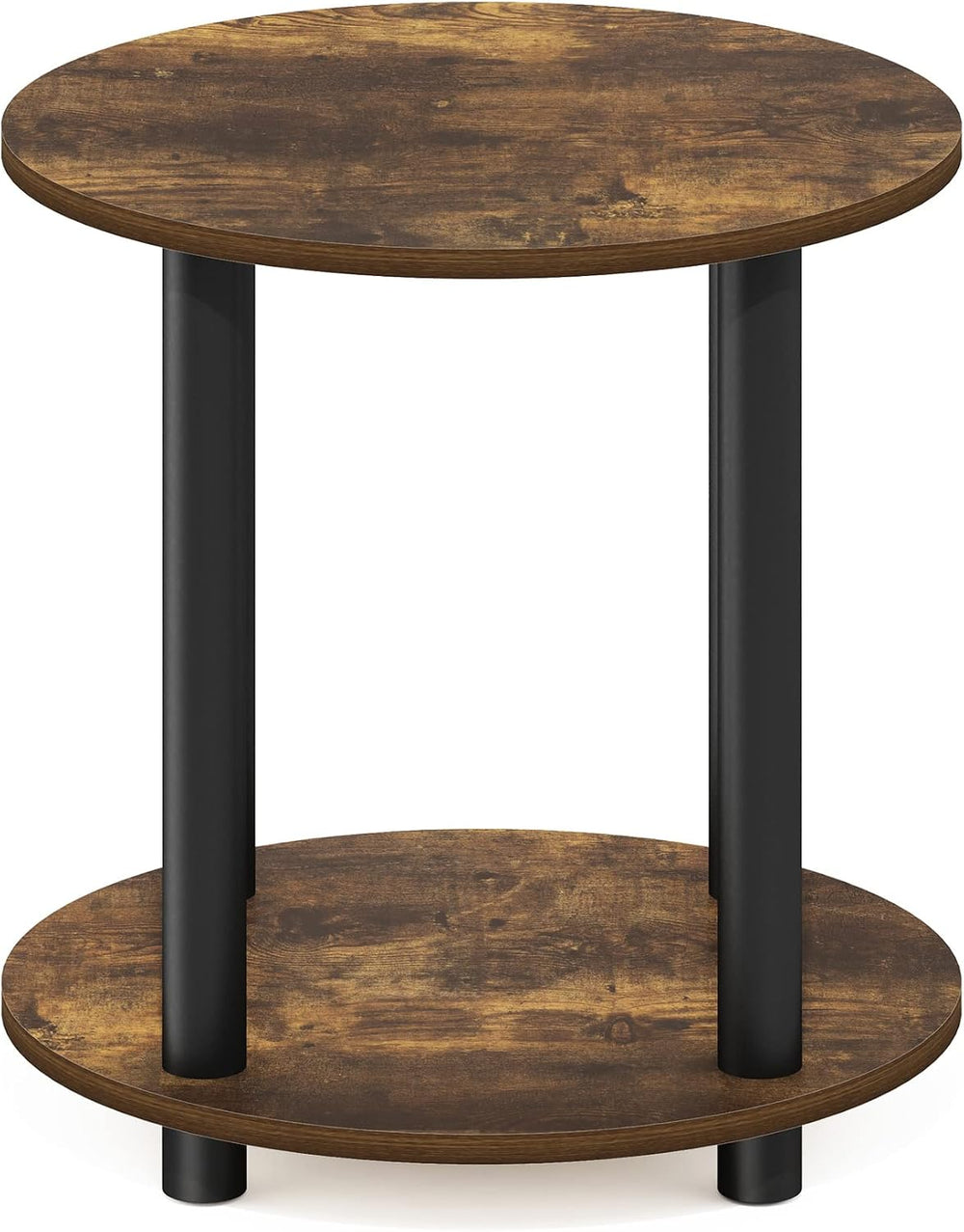 Furinno Turn-N-Tube Toolless Assembly Side Table, 2-Tier Rustic Brown Round E...