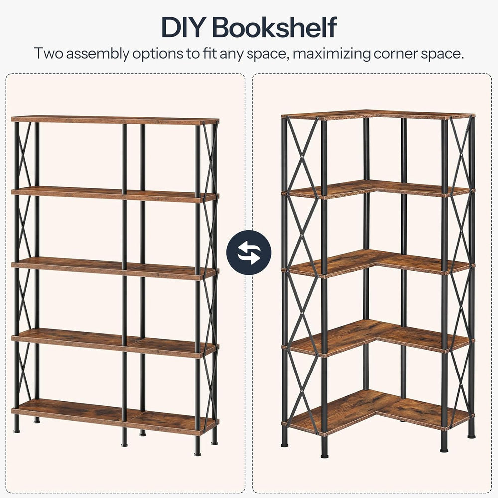 HOOBRO Corner Bookshelf, 5-Tier L-Shaped Bookcase, Industrial Open Display Sh...