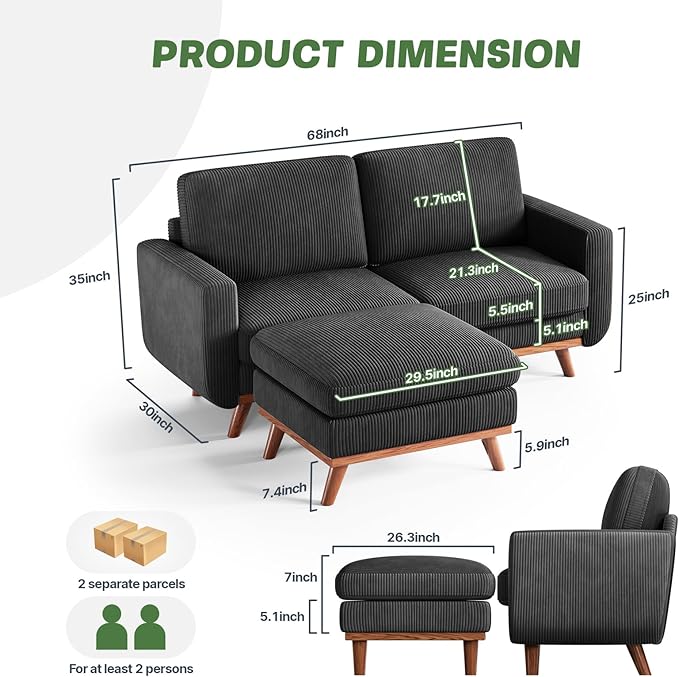 Vesgantti 68" Loveseat Sofa with Movable Ottoman, Comfy Corduroy Couch with Spring Cushion, Sofa Couch with Solid Wood, Modern Office Sofa with Deep Seat for Living Room and Bedroom, Black