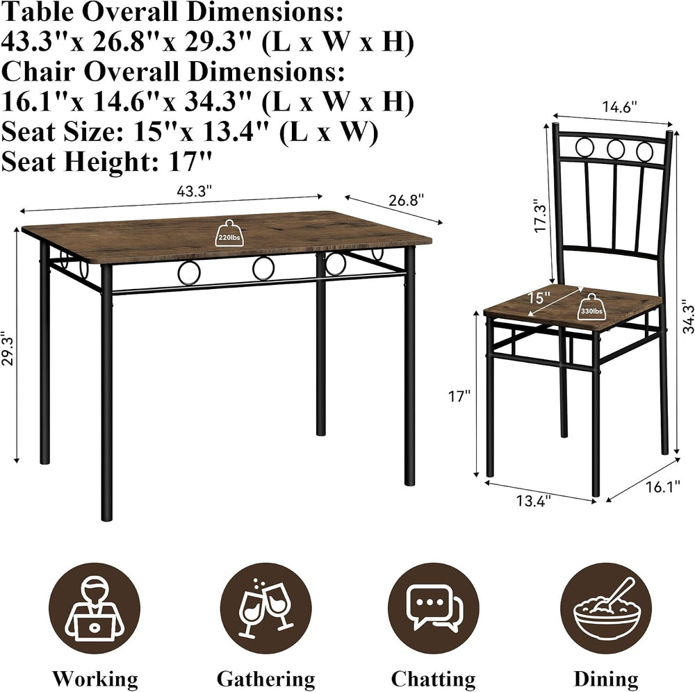 5 Piece Dining Table Set, Modern Metal&Wood Kitchen Dinner Table with 4 C...