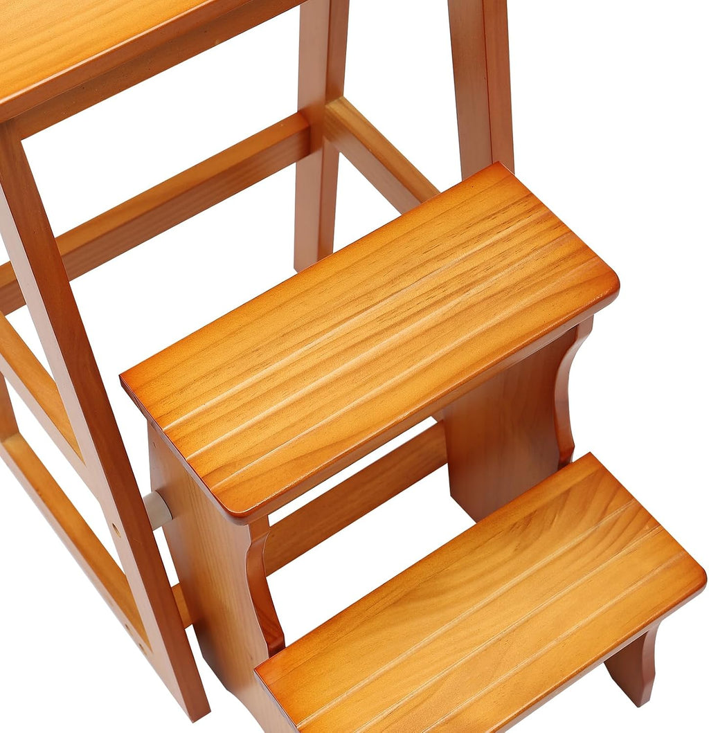 Folding Library Ladder Chair - Lightweight Portable 3-Step Stool, Display Stand and Flower Stand Multifunctional Stepladder for Home Kitchens and Garages (Honey)