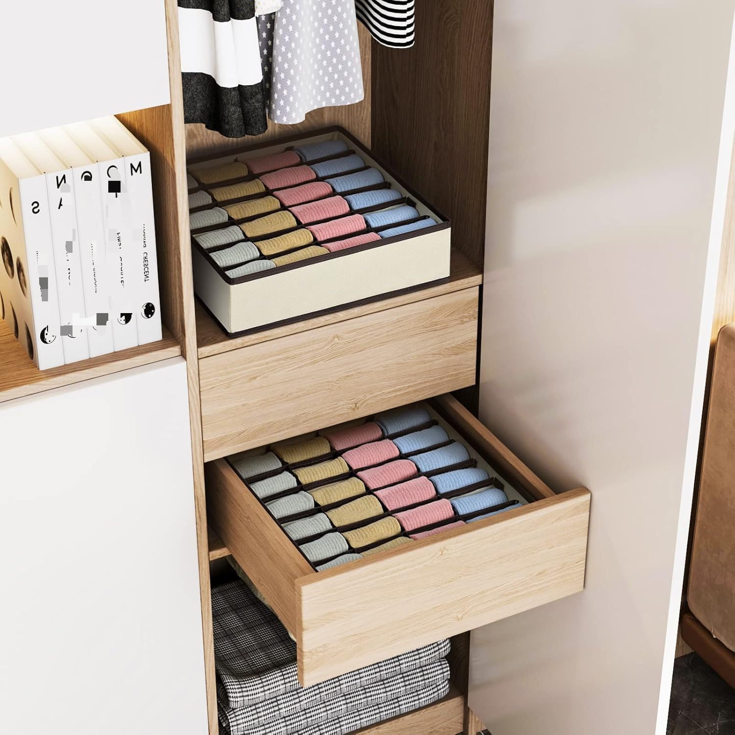 4 Piece Drawer Organiser,Collapsible Non-Woven Sorting Box,Closet Divider For Underwear,Socks,Bras,Ties (Khaki)