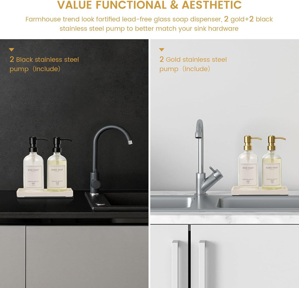 Glass Soap Dispenser for Kitchen, Farmhouse Dish Soap Dispenser&Hand Soap Dispenser Set,Rustproof Pump Lotion Dispenser Bathroom with Tray, Waterproof Label for Kitchen Decor(Clear
