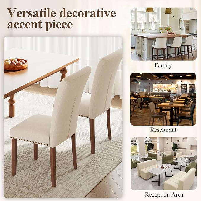 Stylish Dining Chairs Set of 4, Upholstered Parsons Dining Room Chair with Nailhead Trim, Kitchen Room Chair with Thick Cushions and Wood Legs, Nailhead Trim, Beige