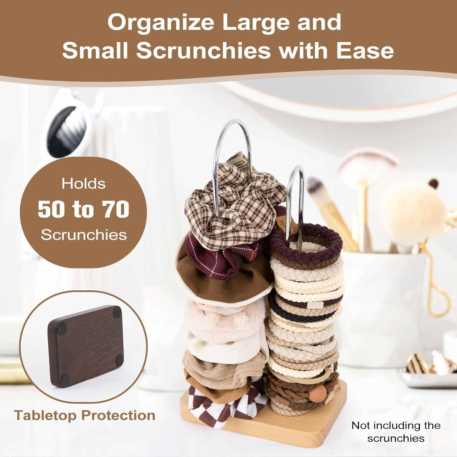 SCUNDA 2-Tier Hair Tie Organizer, Modern Scrunchies Storage Tower Holds 50-70 Hair Accessories, Claw Clip Holder, Fashion Countertop Display Stand for Women & Girls(Natural)