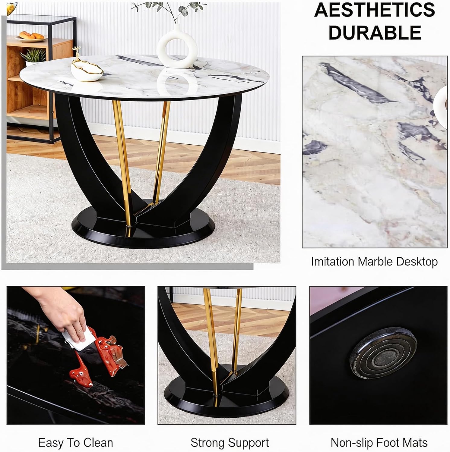 47" Round Glass Black Gold Dining Table Set for 4, Faux Marble Kitchen Table with 4 Black Gold Chairs, Modern High Glossy Base Table Set for Kitchen Dining Room