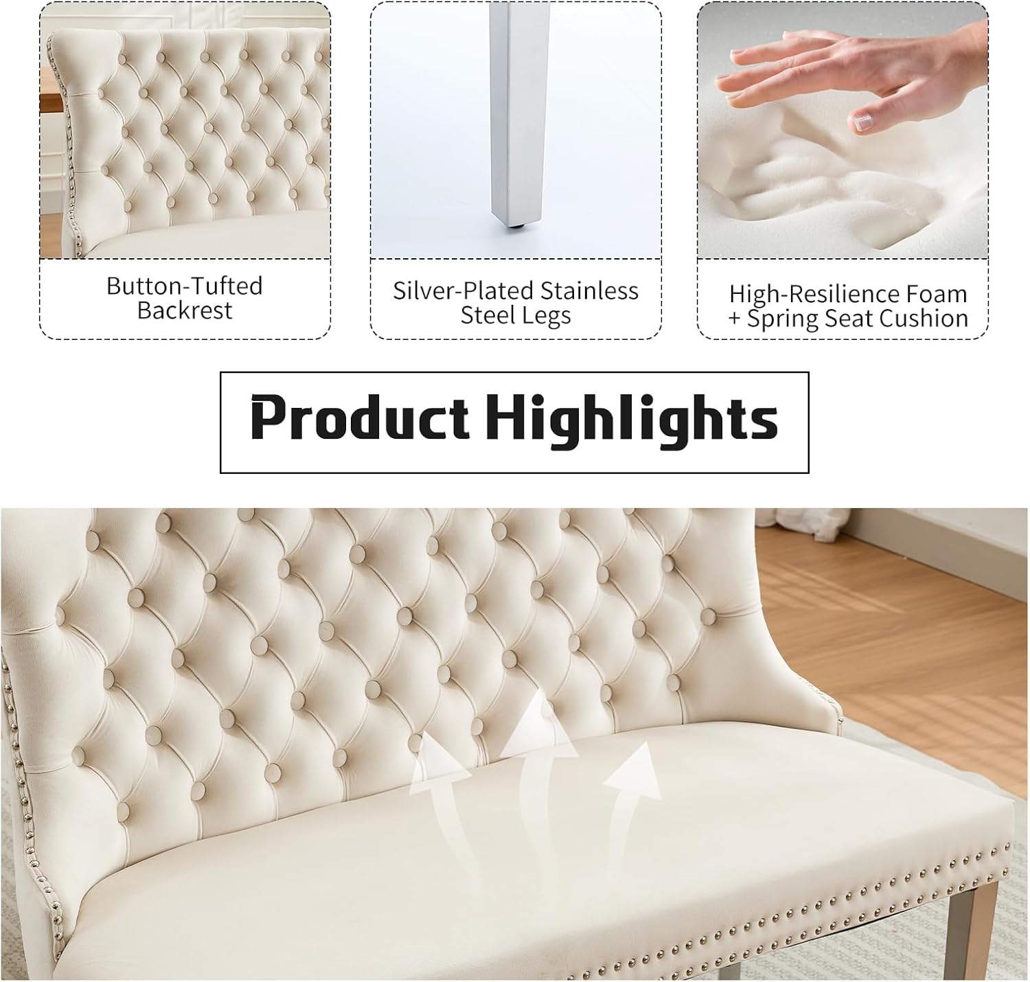 Shenyon Velvet Upholstered Dining Bench with Back, Tufted Loveseat Bench with Silver Stainless Steel Legs and Nailhead Trim, Banquette Seating for Dining Room, Kitchen, Entryway (Beige, Dining Bench)