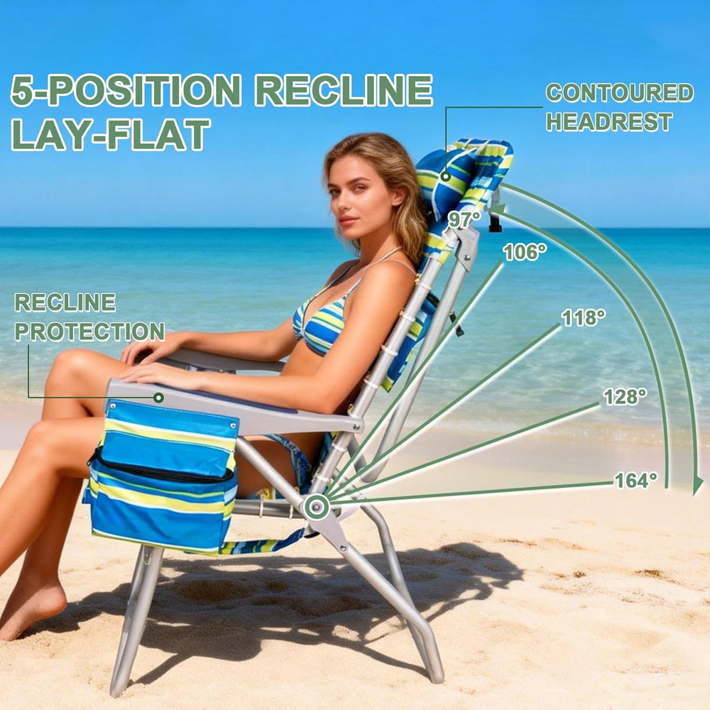 Romswi Tall Beach Chair Extra Wide for Adults, 17" High Seat Backpack Be...