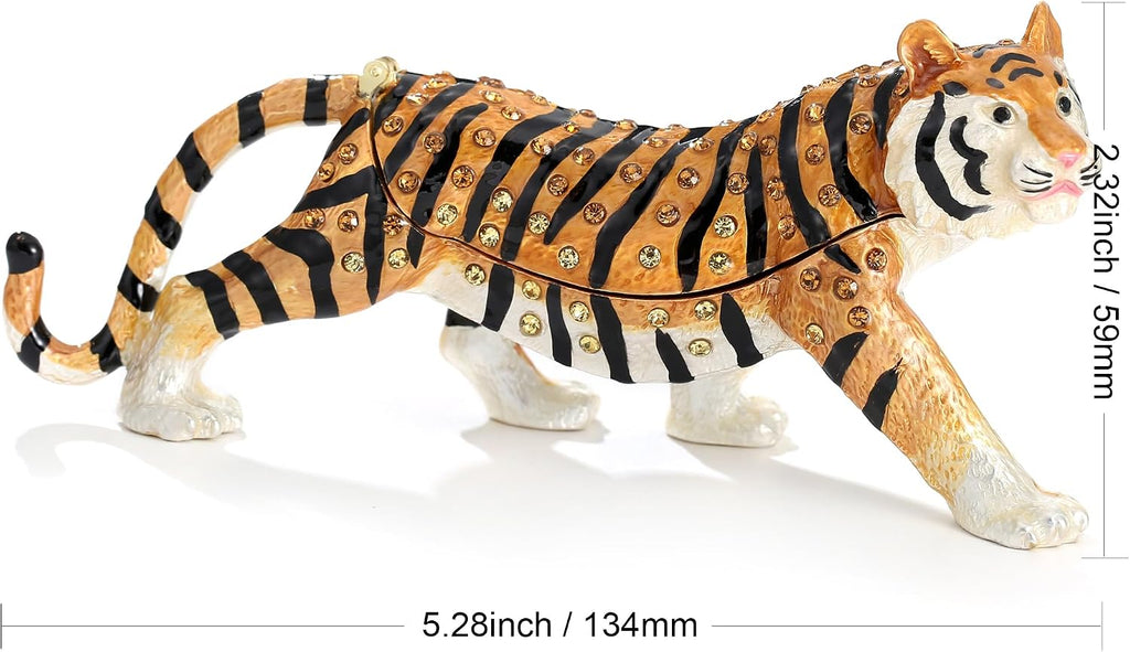 Hand Painted Animal Trinket Box for Home Decor, Hinged Jewelry Organizer Storage, Unique Personalized Collectible Keepsake Figurine Handmade Decorative Ornament Gifts (Tiger)
