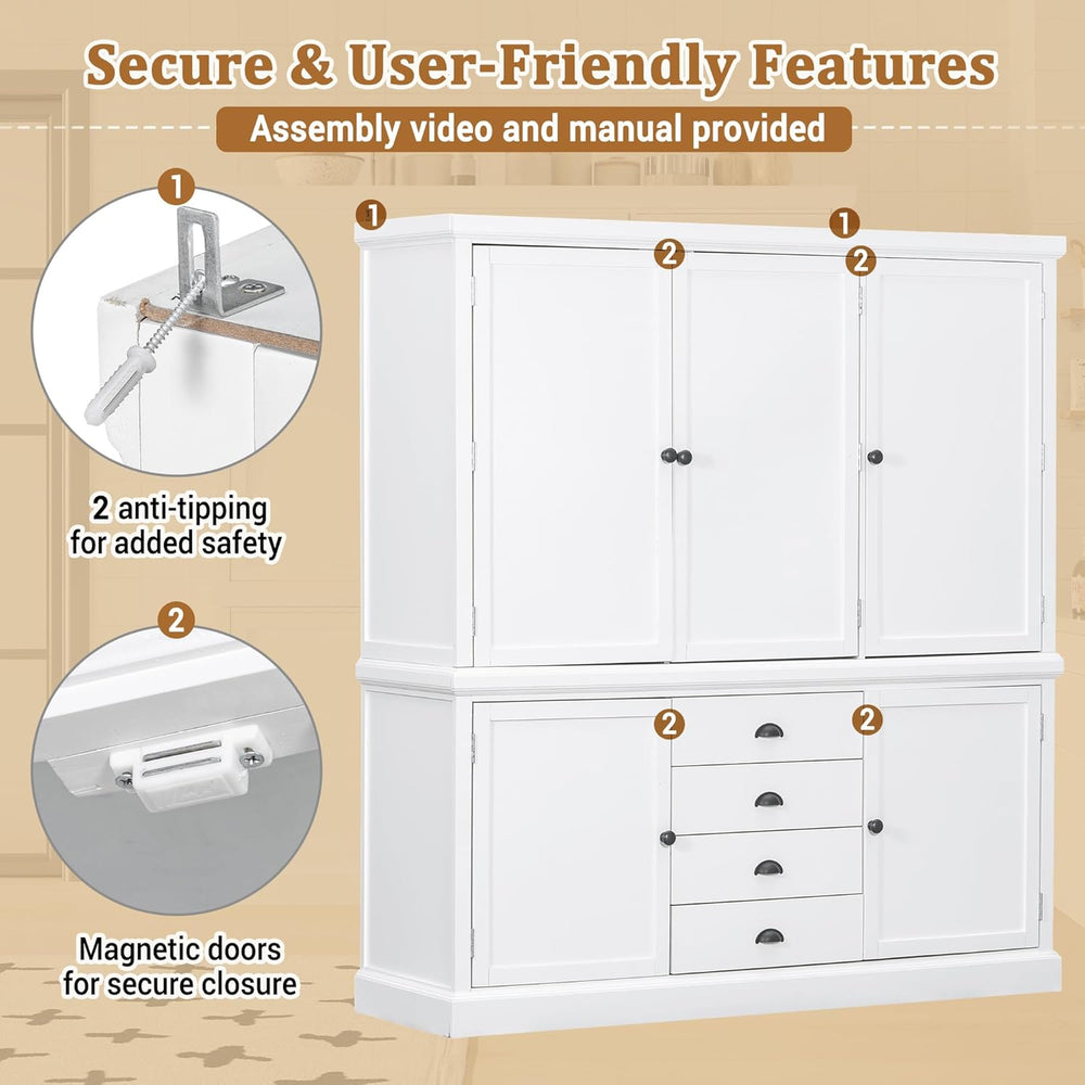 73" Freestanding Kitchen Pantry Organizer - Wooden Storage Unit with 4 S...