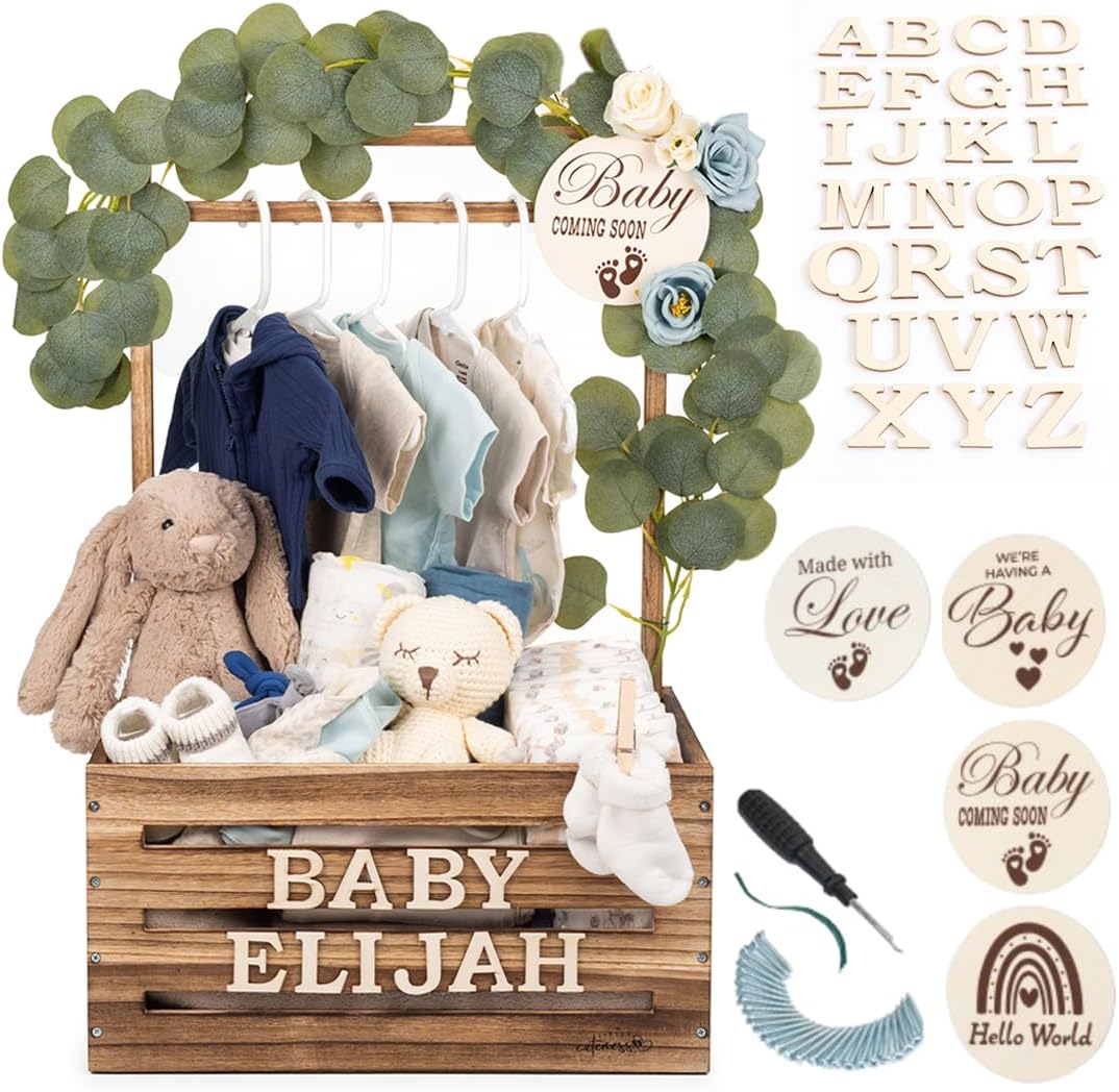 Wooden Baby Shower Crate Closet, Personalized Baby Shower Basket, Burnt
