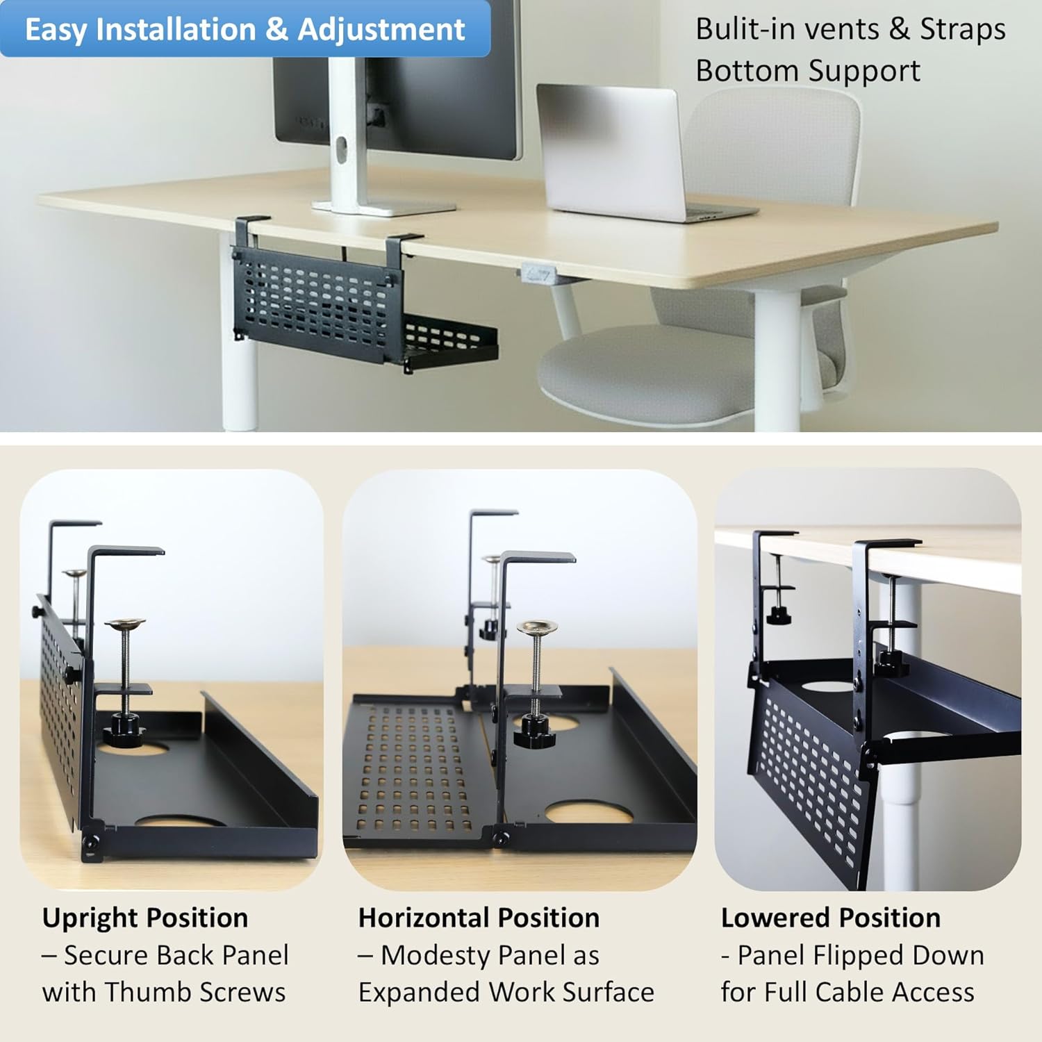 AEONS Universal Under Desk Cable Management Tray-Clamp Mount Hinged Swing Modesty Panel Organizer for Office Desks, Easy Access Flip-Down Position Power Strip Cord Storage No-Drill, 25 lb Capacity