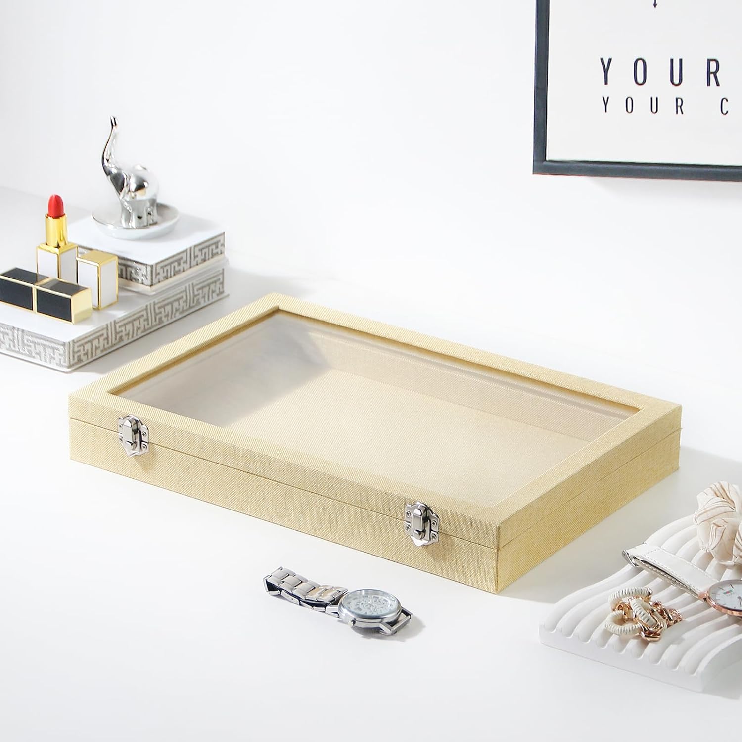 Coward Jewelry Organizer Box, Yellow Linen Blank Display Tray Case with Lid for Storage Necklaces Bracelets Rings Beads and Jewelry Accessories
