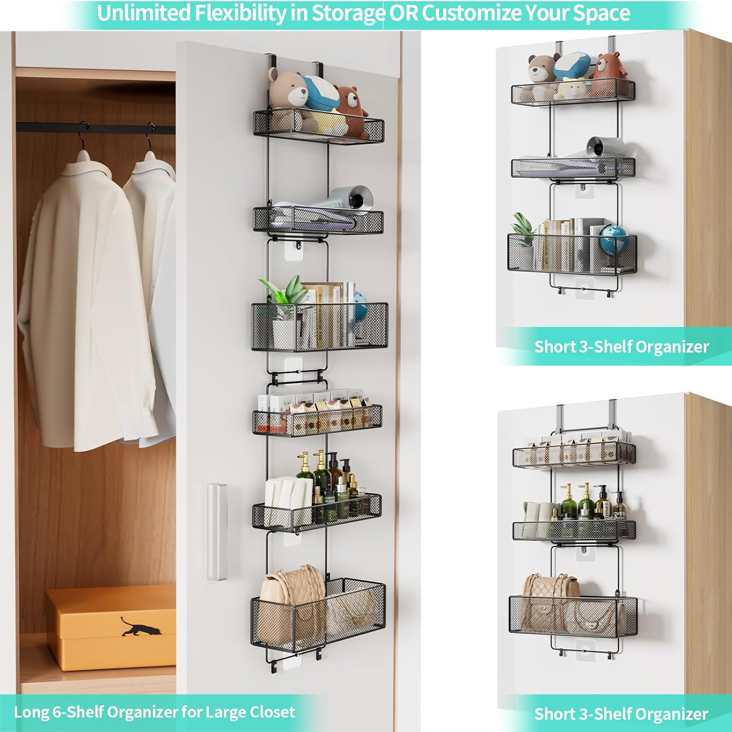 HapiRm Over Door Organizer Storage - Separable Door Organizer Hanging with 6 Metal Large Capacity Baskets for Bathroom Bedroom Kitchen Pantry Closet (Black)