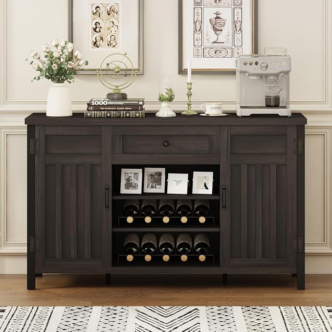 FATORRI Industrial Coffee Bar Cabinet with Drawer and Wine Rack, Sideboard Buffet Storage Cabinet with Door, Farmhouse Credenza Cupboard for Kitchen (Walnut Brown)