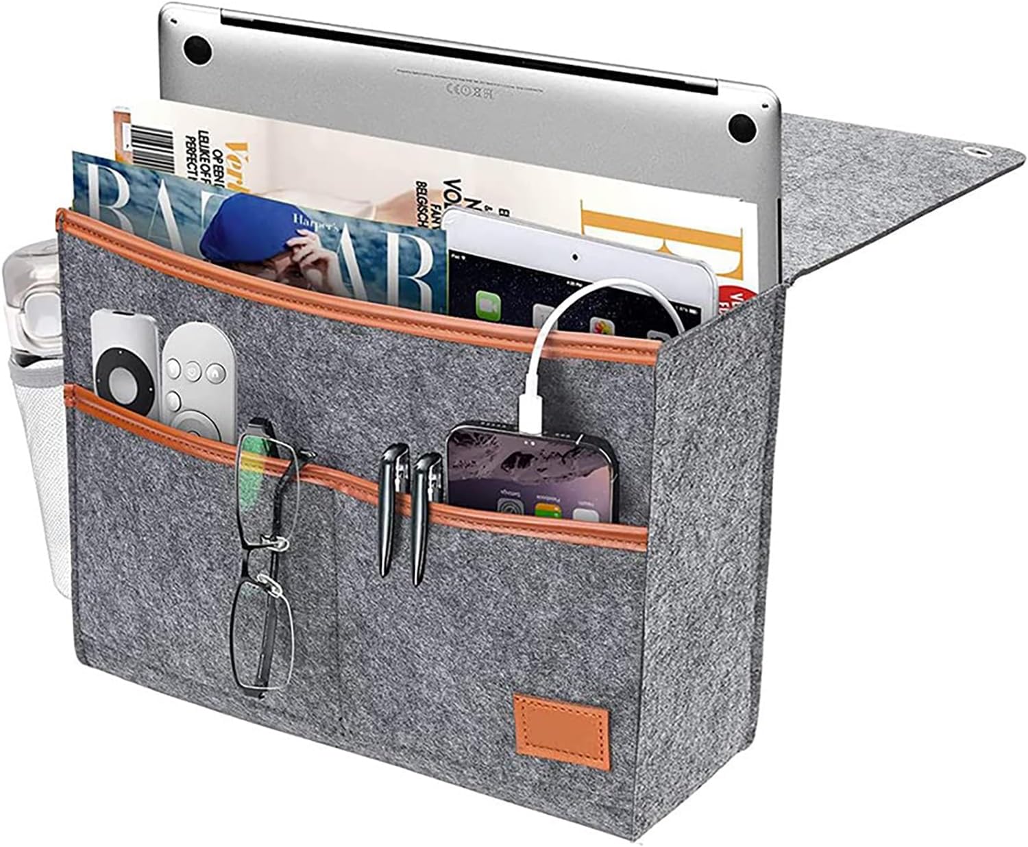 Bedside Caddy,Felt Bedside Storage Organizer, Hanging Storage for Dorm Bed Sofa for tablet Magazine Phone Remotes Water Bottle Holder (Grey)