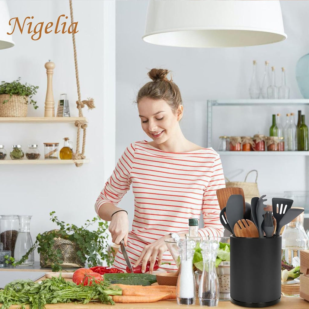 Nigelia Extra Large Kitchen Utensil Holder, 360° Rotating Stainless Steel Cooking Utensil Holder for Countertop, 3 Compartment Flatware Organizer & Cooking Caddy with Removable Base（Black）