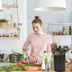Nigelia Extra Large Kitchen Utensil Holder, 360° Rotating Stainless Steel Cooking Utensil Holder for Countertop, 3 Compartment Flatware Organizer & Cooking Caddy with Removable Base（Black）