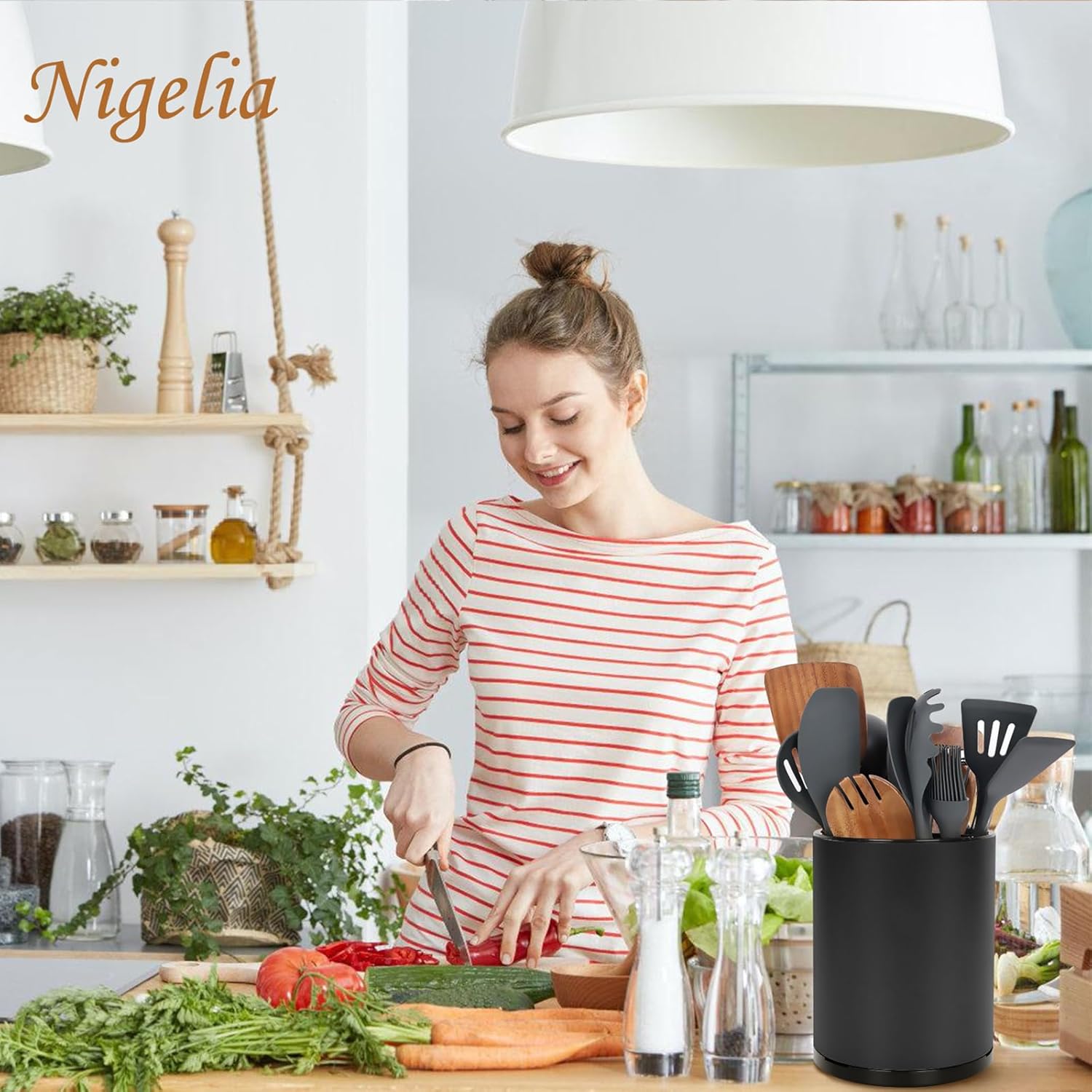 Nigelia Extra Large Kitchen Utensil Holder, 360° Rotating Stainless Steel Cooking Utensil Holder for Countertop, 3 Compartment Flatware Organizer & Cooking Caddy with Removable Base（Black）