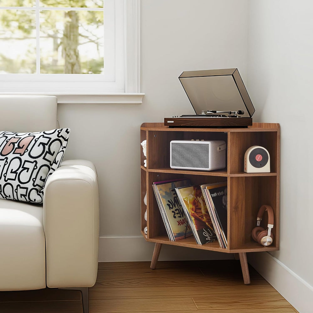 Corner Record Player Stand with Charging Station & USB Ports