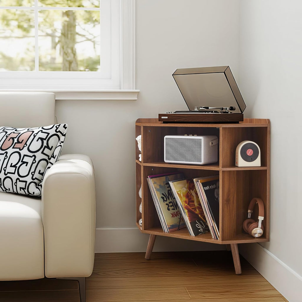 Corner Record Player Stand with Charging Station & USB Ports, 3 Tier Mid Century Modern Vinyl Record Storage Cabinet, Wood Turntable Stand for Music Room, Living Room, Small Space (Walnut)