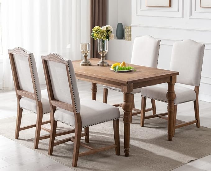 Ealson Farmhouse Dining Chairs Set of 8 with Wood Legs & Nailhead Trim - Mid Century Modern High Back Padded Parson Chairs in Linen Beige