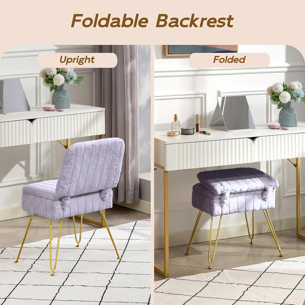 Vanity Chair with Storage | Comfy Ottoman with Folding Back