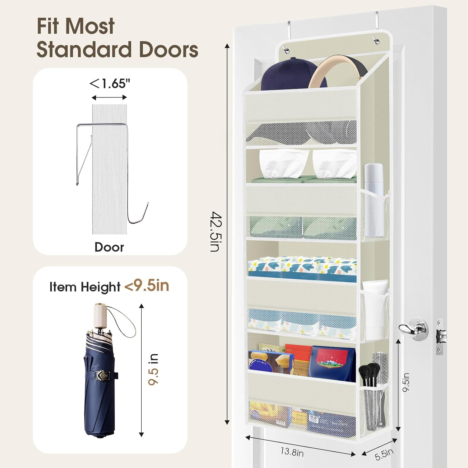 2 Pack Over The Door Organizer, Hanging Storage Organizer with Clear Window, 40lb Ultra Sturdy Large Capacity Room Organizer for Pantry Laundry Bathroom Nursery Closet (Beige)