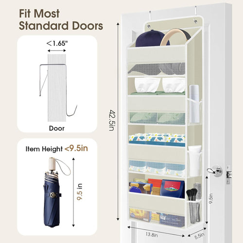 2 Pack Over The Door Organizer, Hanging Storage Organizer with Clear Window, 40lb Ultra Sturdy Large Capacity Room Organizer for Pantry Laundry Bathroom Nursery Closet (Beige)