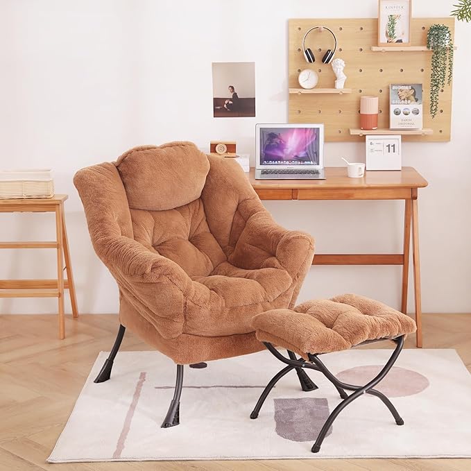 Welnow Lazy Chair with Ottoman, Modern Lounge Accent Chair with Armrests and a Side Pocket, Leisure Sofa Armchair, Reading Armchair with Footrest for Small Space, Plush Brown