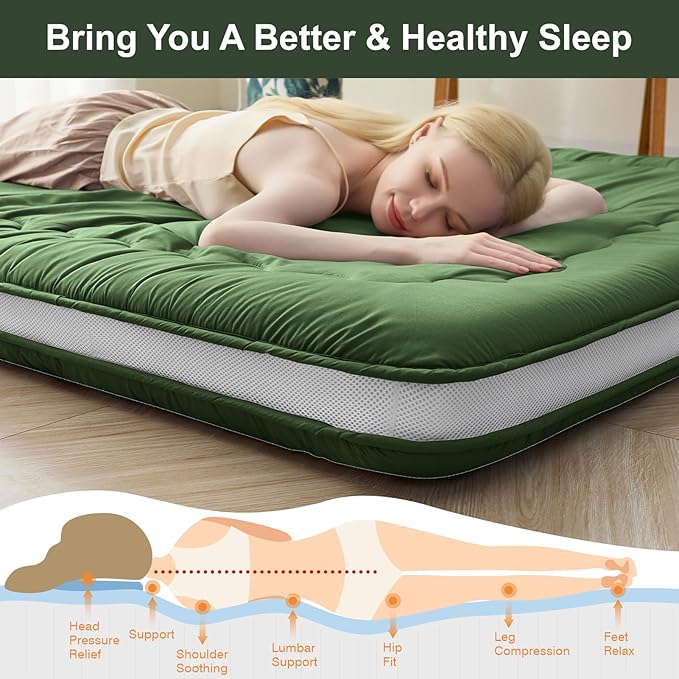 Japanese Floor Mattress, 4" Japanese Futon Mattress, Foldable & Portable Shiki Futon (shikibuton), Roll Up Thicken Sleeping Tatami Mat Sleeping Pad for Camping (Green, 54 x 80)