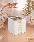 SONGMICS Jewelry Box Organizer with Glass Lid, 6-Layer Jewelry Storage, with 5 Drawers, Modern Style, Christmas Gift, 8 x 9.1 x 9 Inches, Cloud White and Gold Color UJBC176W01