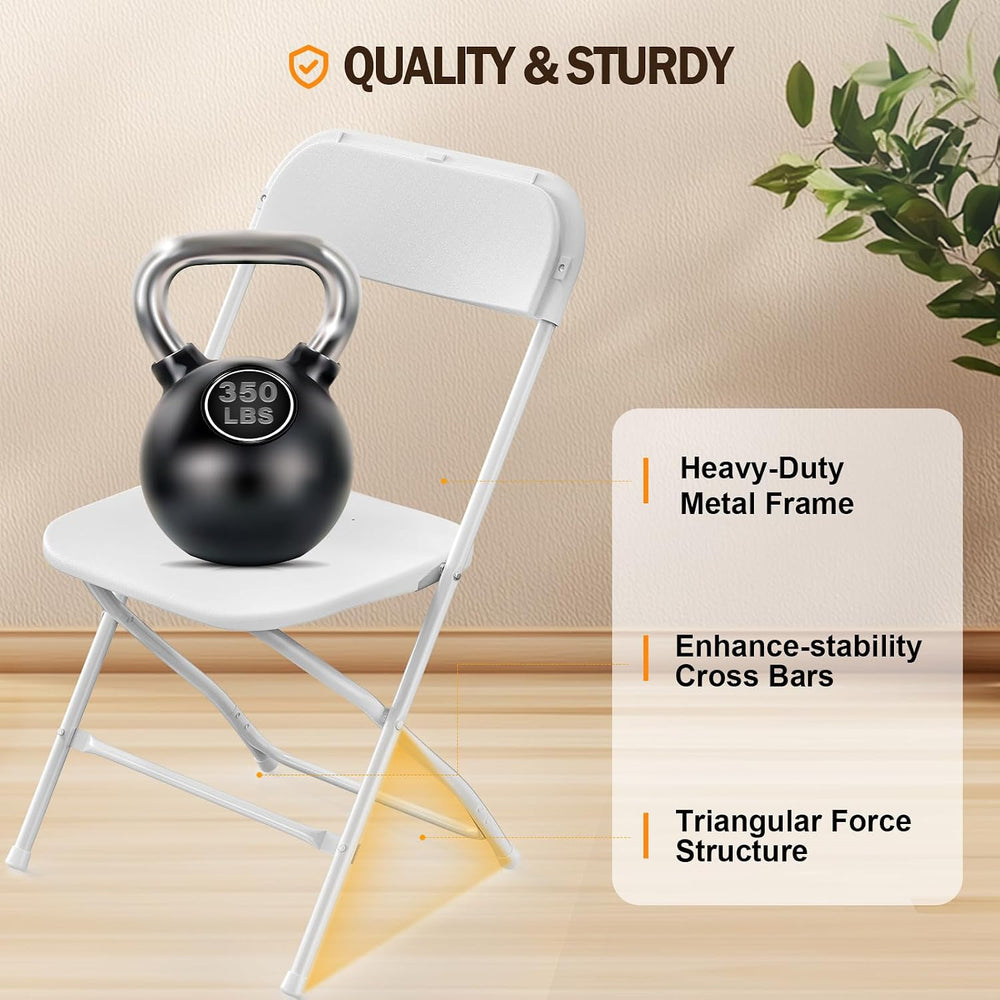 Bonnlo Folding Chairs Set of 12, White Plastic Chair Sturdy Seat with Metal F...