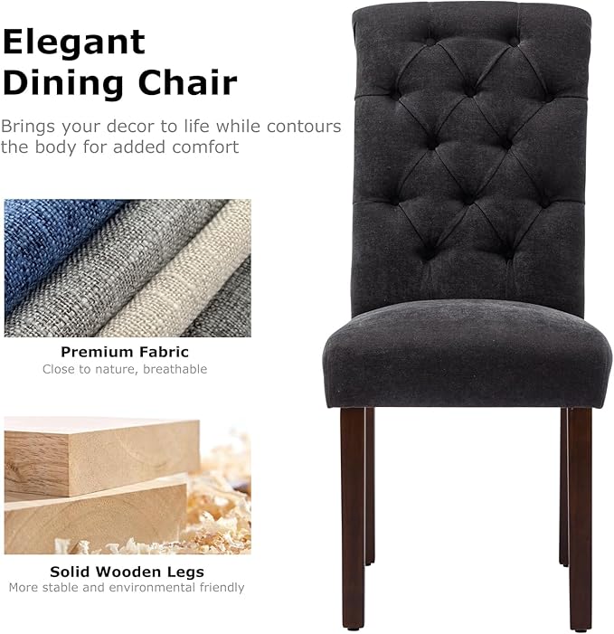 COLAMY Button Tufted Dining Chairs Set of 6, Parsons Upholstered Fabric Dining Room Chairs Kitchen Chairs with Wood Legs and Padded Seat, Black