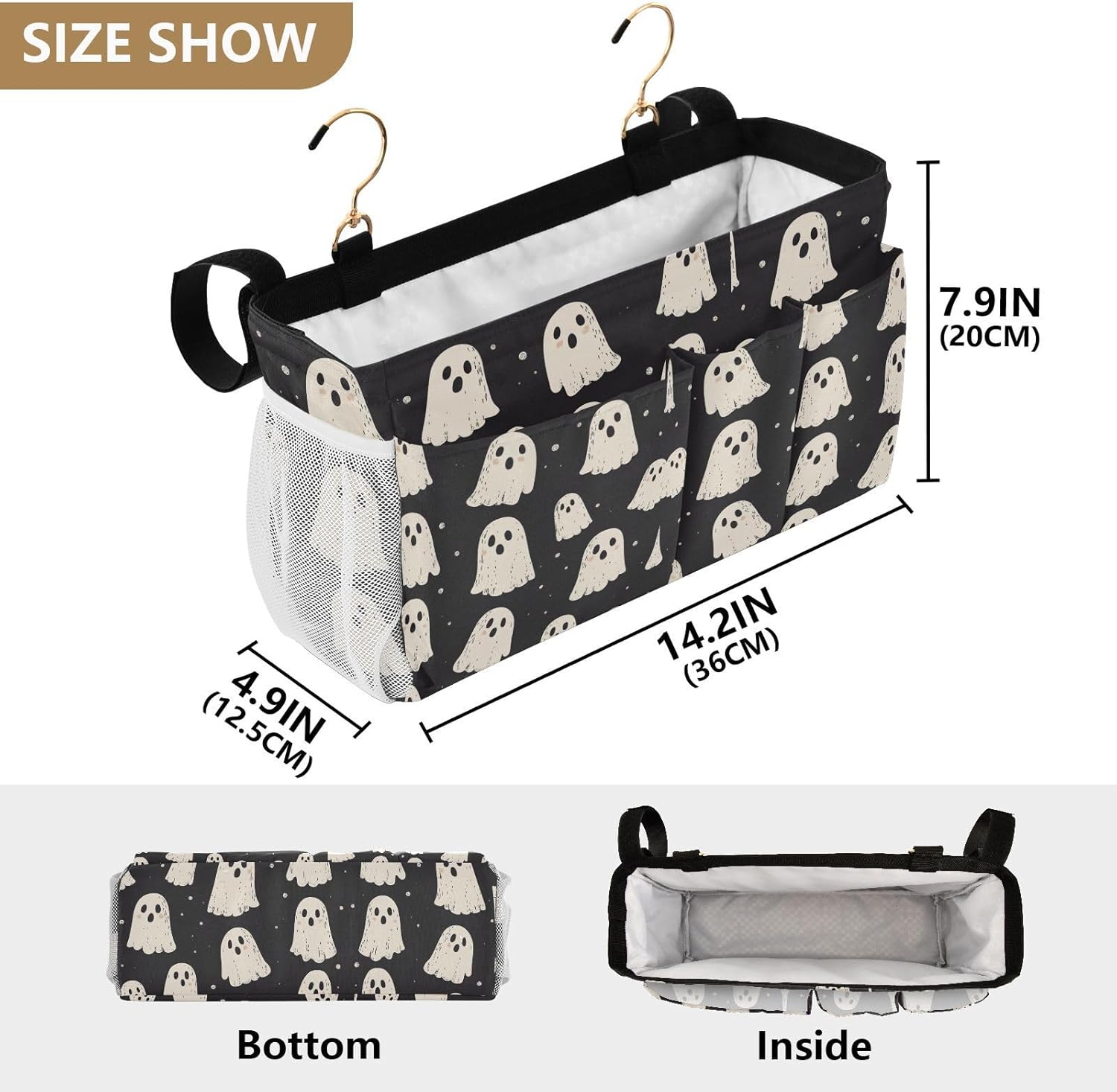 Cute Halloween Ghost Blacck Bedside Caddy for Dorm Bed Bedside Hanging Caddy Bag Iron Frame Storage Organizer Pocket for Bunk Home College Hospital Beds 2 Hooks