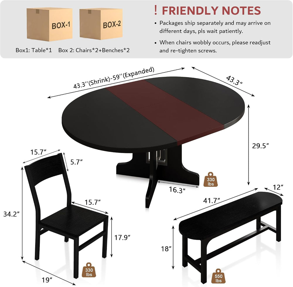 iPormis 5-Piece Round Dining Table Set for 4-6, 59" Extendable Dining Ro...