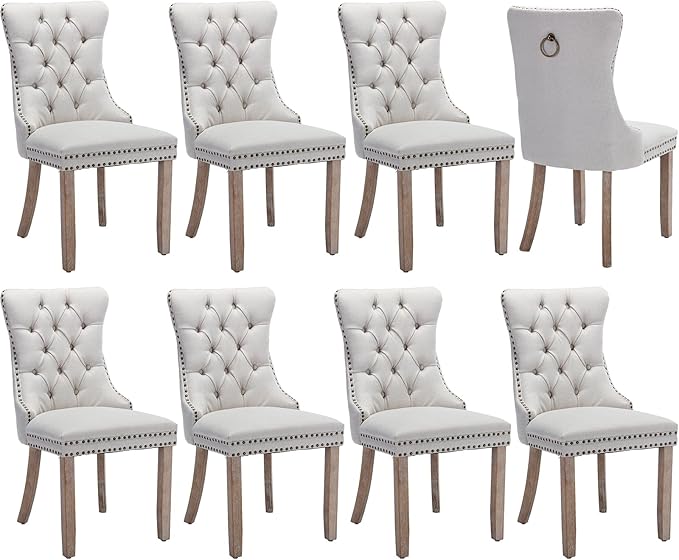Modern Dining Chairs Set of 8, Tufted Upholstered Dining Chairs with Solid Wood Legs, Beige Linen Fabric Kitchen Chair, Sillas de Comedor, Comfy Kitchen Chair (Beige, Linen, 8Pcs)