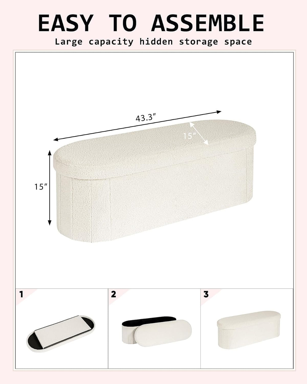 43.3 Inches Foldable Storage Ottoman Bench, Oval Footrest | Teddy Boucle Fabr...