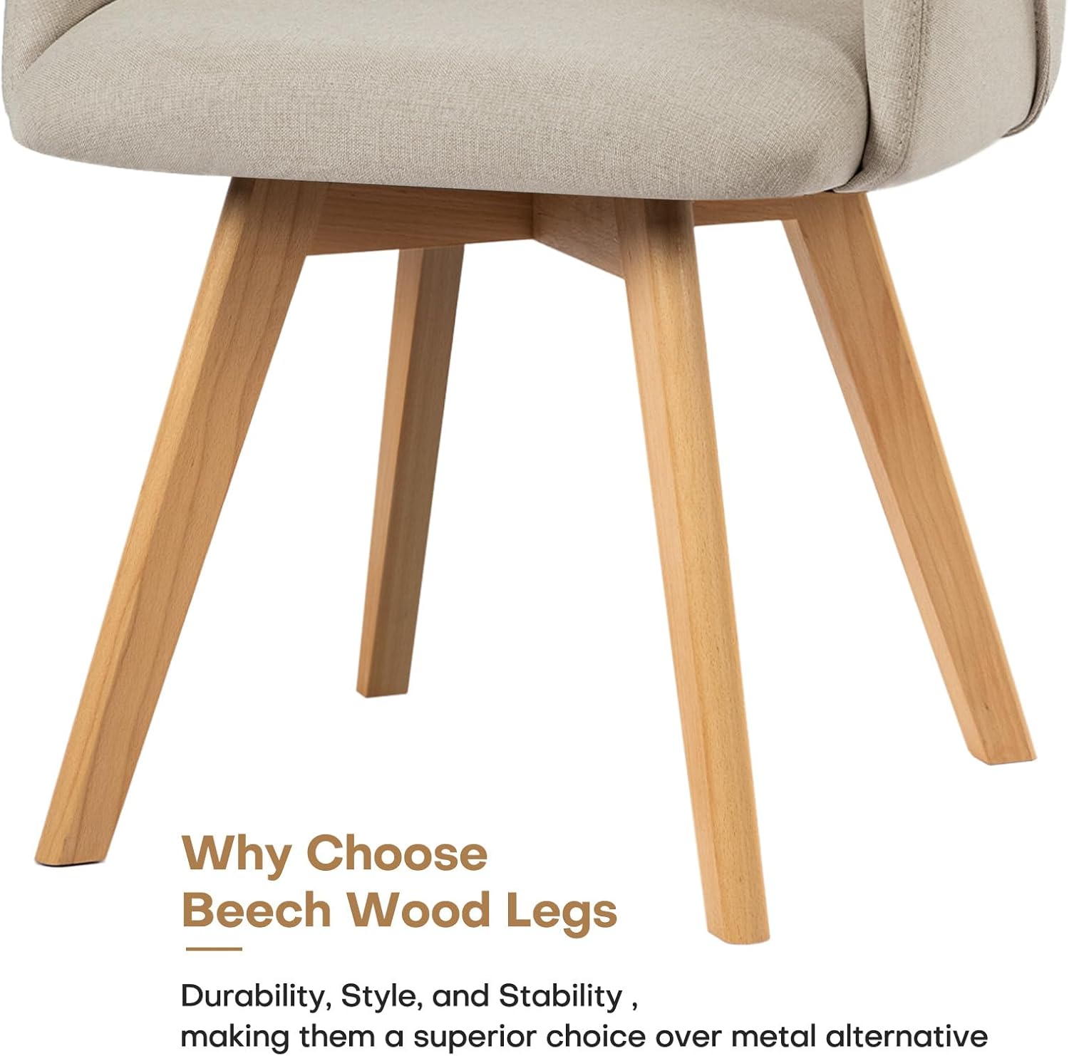 Swivel Dining Chairs Set of 4, Mid Century Modern Dining Chairs with Arms and Wood Legs, Linen Fabric Upholstered Kitchen Chairs for Dining Room Living Room, Comfortable Widen Seat, Sand