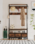 Hall Tree with Bench and Shoe Storage, Freestanding Entryway Coat Rack with 3 Fabric Drawers, 16 Hooks