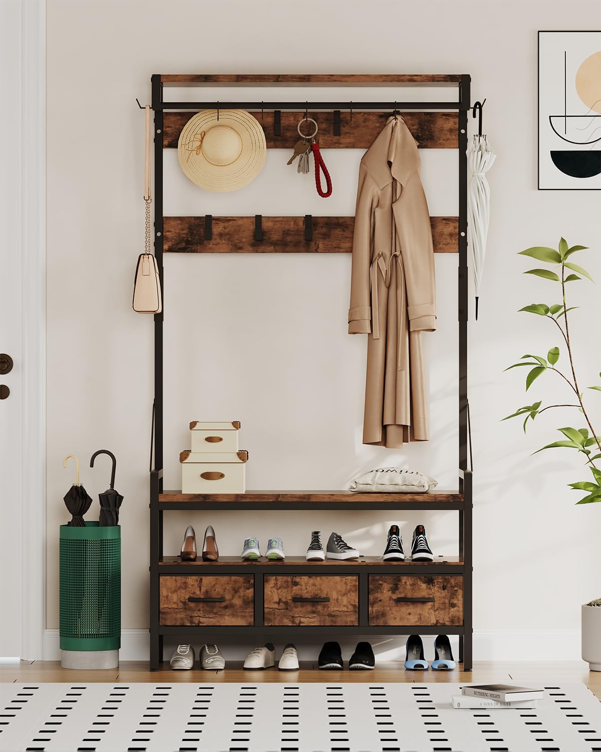 Hall Tree with Bench and Shoe Storage, Freestanding Entryway Coat Rack with 3 Fabric Drawers, 16 Hooks
