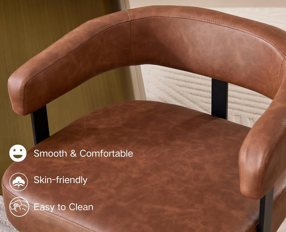 Shunzhi Brown Upholstered Leather Dining Chairs Set of 6 Modern Barrel Dining...