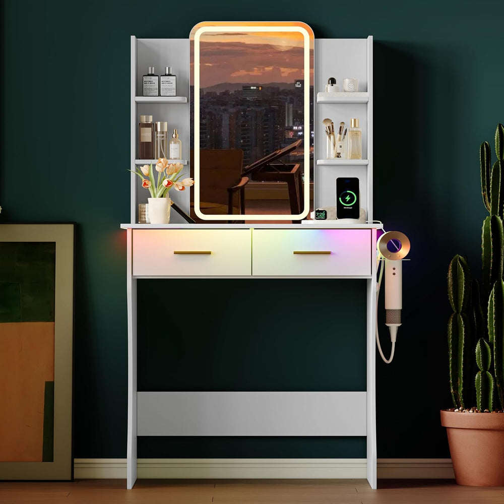 Xixini Vanity Desk with LED Lights Mirror & Power Outlet, Small Makeup Va...