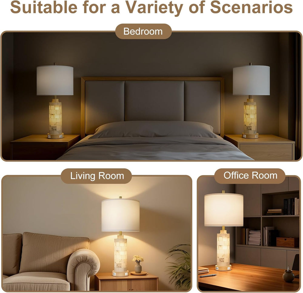 KIVDITZO 27" Alabaster and Wood Table Lamps Set of 2 with Night Light