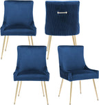 Velvet Dining Chairs Set of 4, Modern Upholstered Kitchen Chair with Pull Handle & Pleated Back, Mid Century Accent Chair with Gold Metal Legs for Vanity,Dining,Kitchen,Living Room, Dark Blue